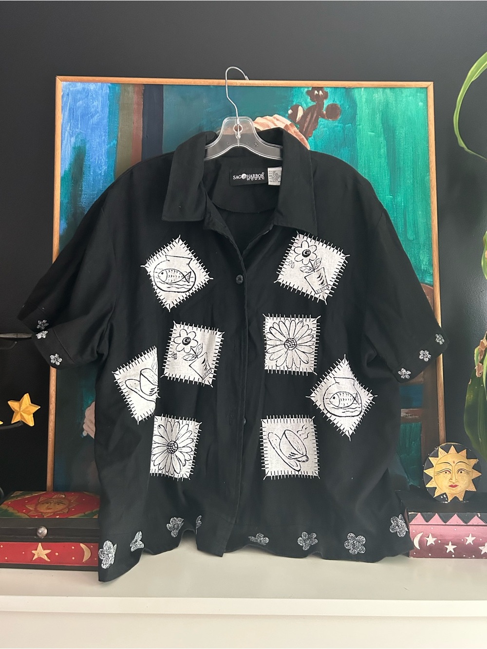 Sag Harbor Woman Linen Cotton Embroidered Button Front Shirt Black Plus 20W